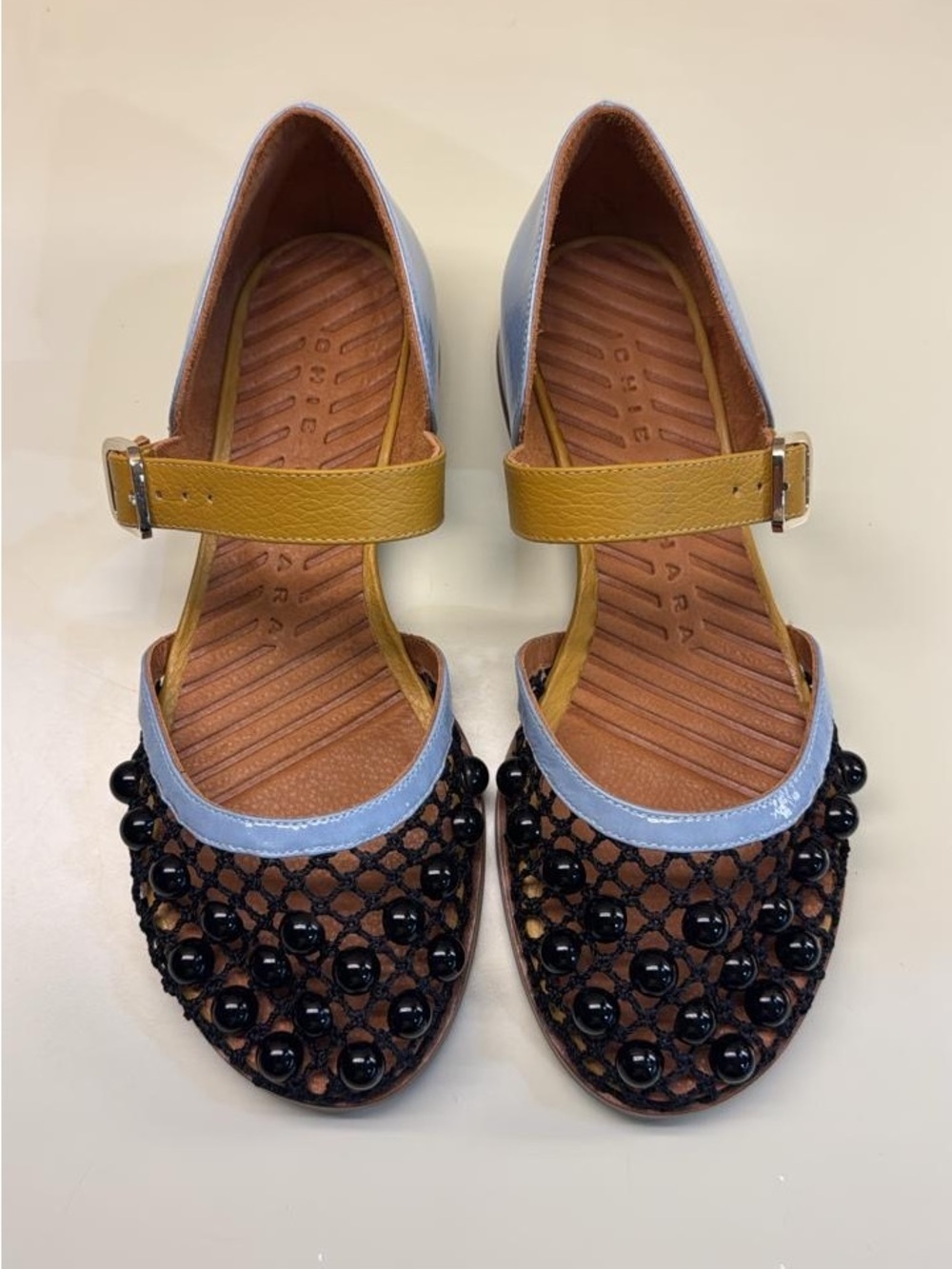 Chie Mihara Blue Trim Mustard Strap fishnet Beaded Mary Jane Flats